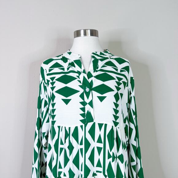 Anna Kay | Geometric White Green Bell Sleeve Flowy Short Designer Summer Dress L - Picture 3 of 11